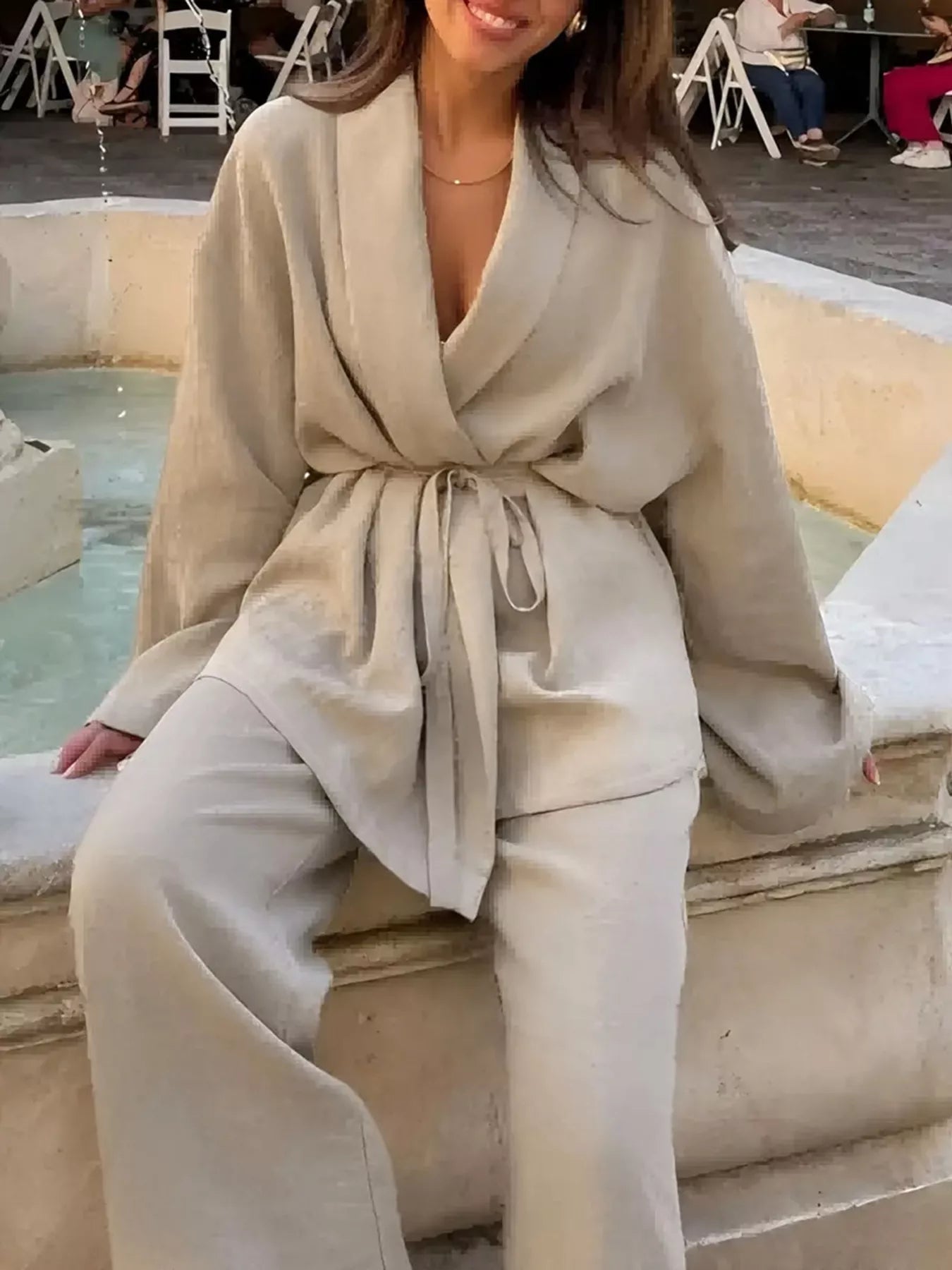 Plus Size Belt Long Sleeve Blazer and Pants Set OutfitFlow