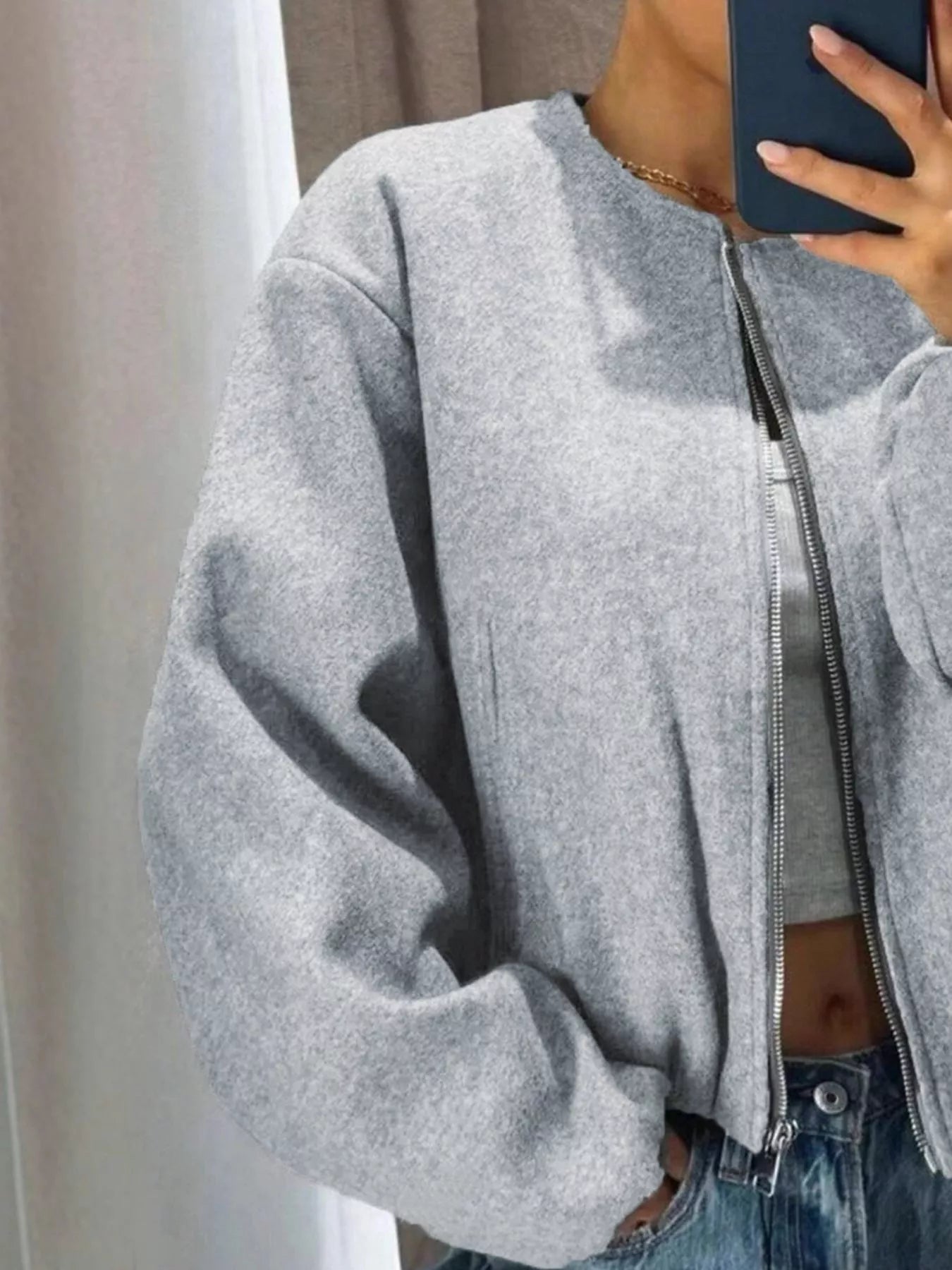 Plus Size Casual Fleece Zip-Up Bomber Jacket OutfitFlow