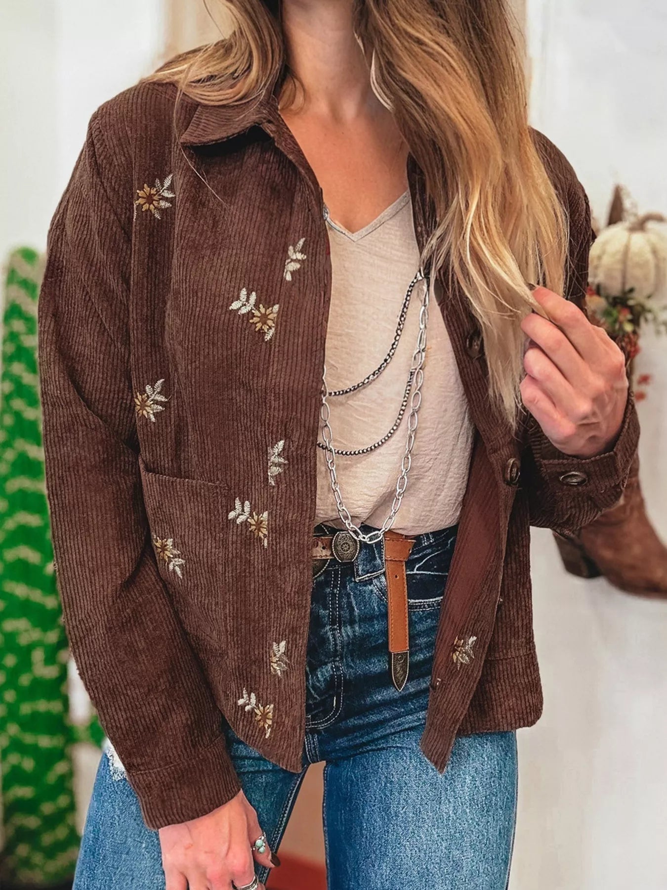 Floral Embroidered Collar Button Front Corduroy Jacket Brown Trendsi