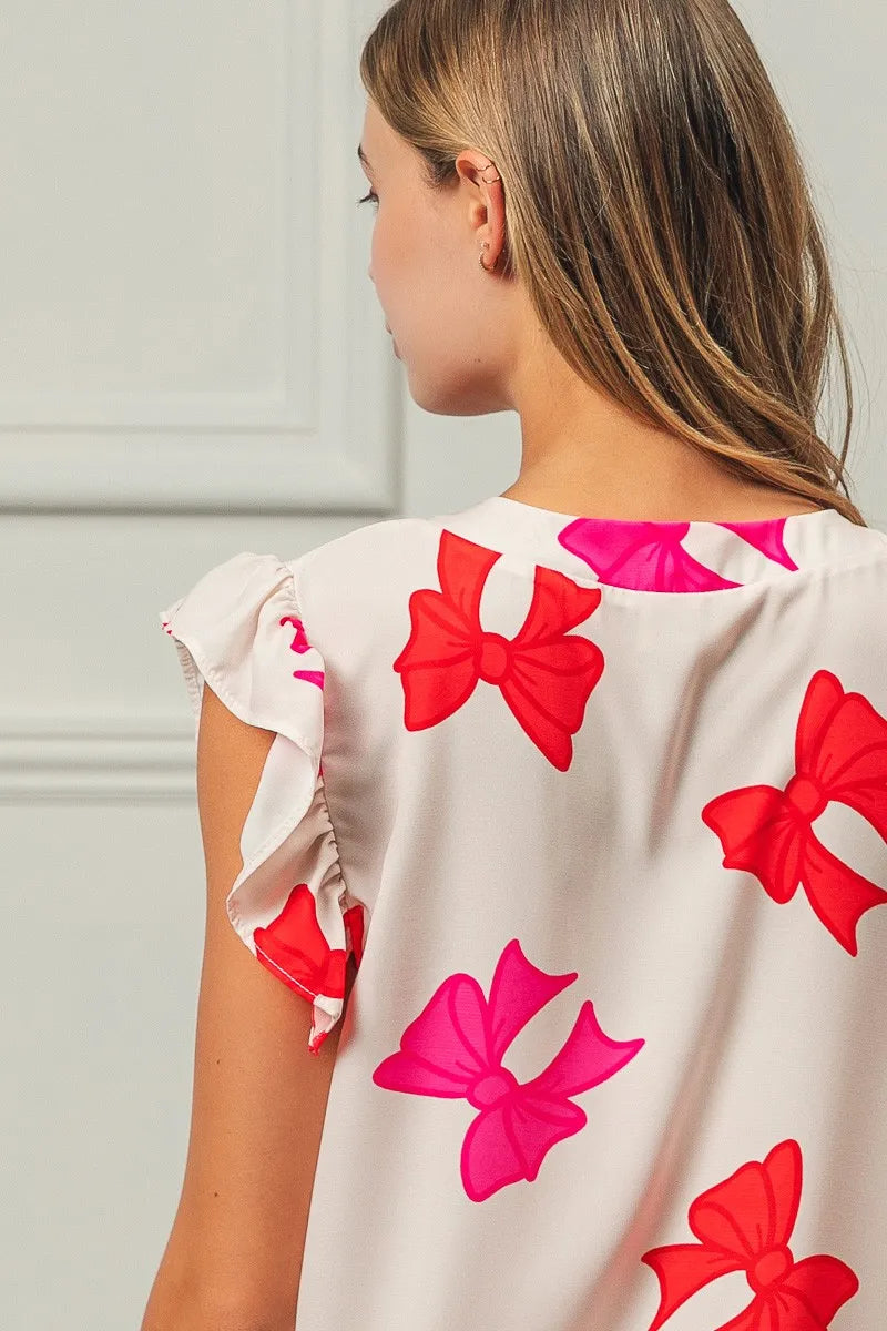 BiBi Bow Printed Woven Ruffled Sleeves V Neck Top OutfitFlow