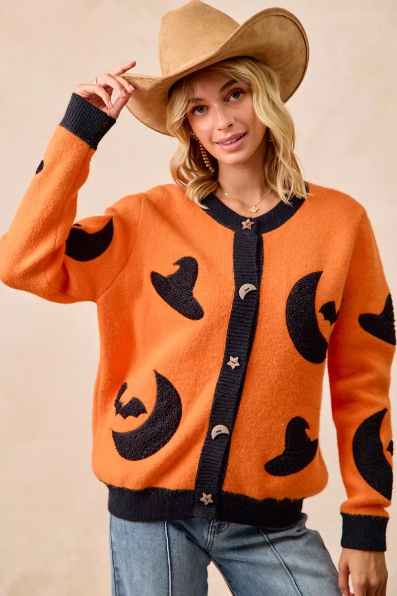 BiBi Halloween Witch Hat Moon Bat Artwork Cardigan Trendsi