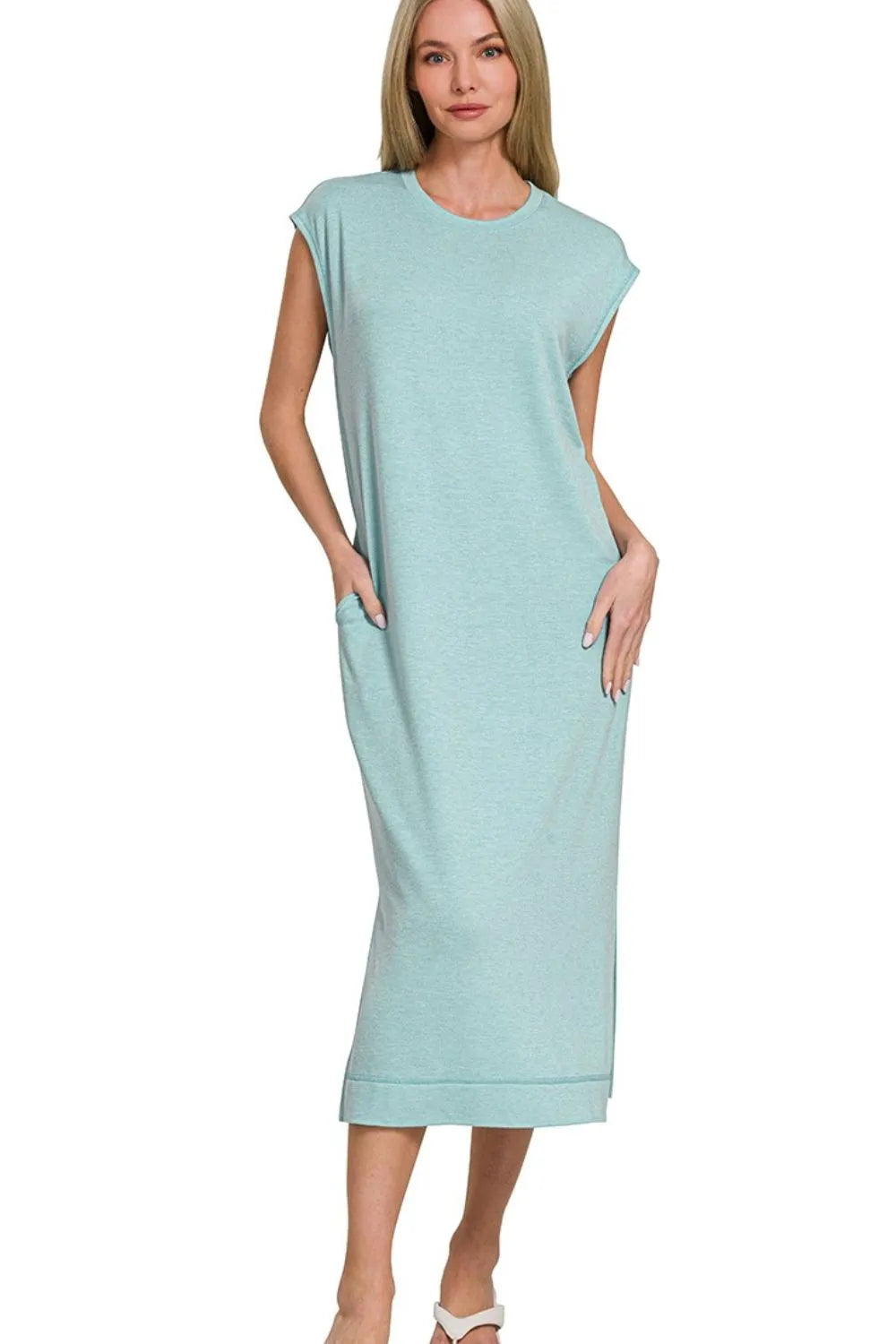 Zenana French Terry Sleeveless Round Neck Midi Dress DUSTY TEAL OutfitFlow