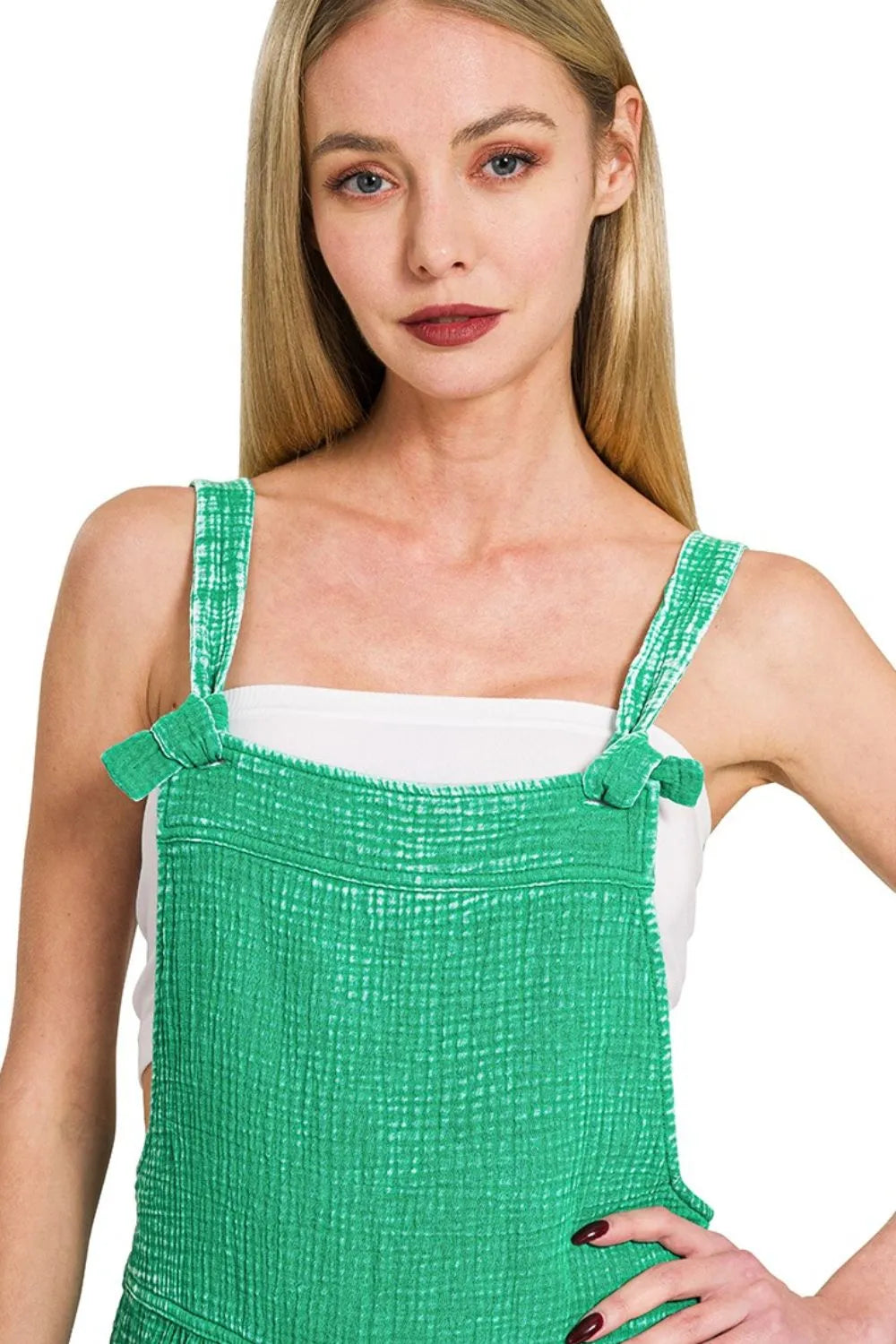 Zenana Woven Double Gauze Acid Washed Romper OutfitFlow
