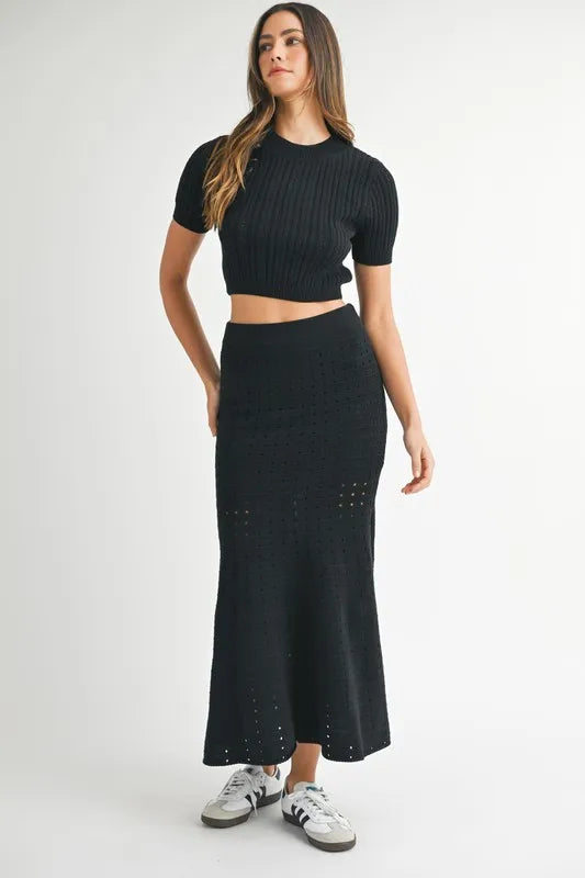 MABLE Pointelle Short Sleeve Crop Top and Slit Skirt Sweater Set OutfitFlow