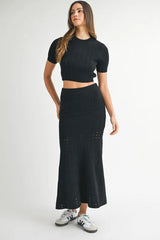 MABLE Pointelle Short Sleeve Crop Top and Slit Skirt Sweater Set OutfitFlow