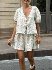 Floral Print Tie-Front Top and Shorts Set OutfitFlow
