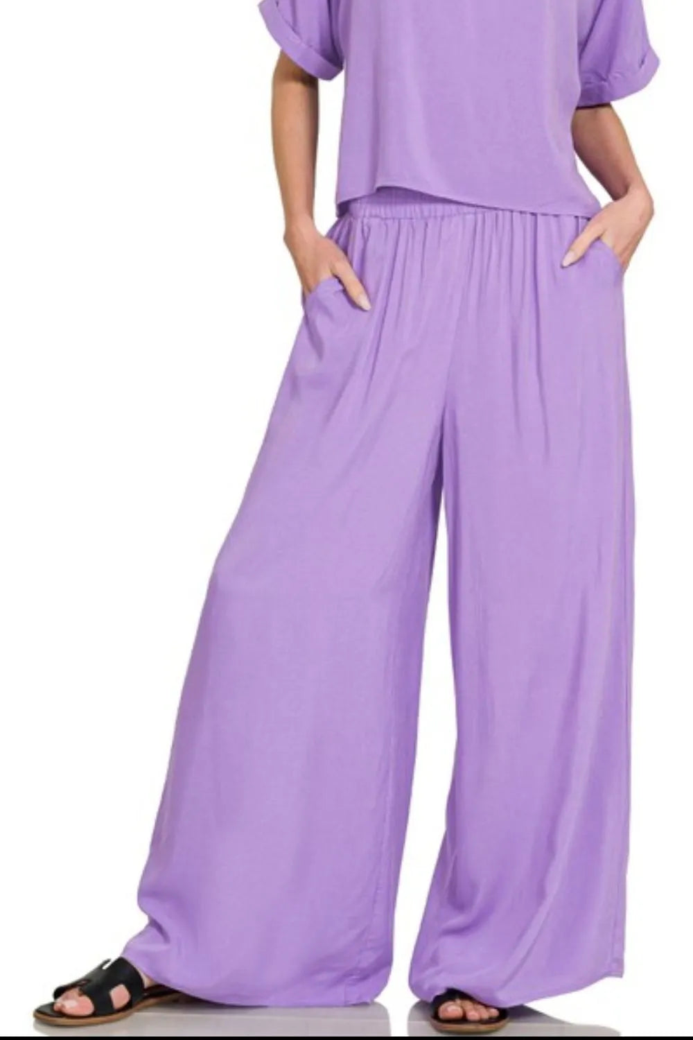 Zenana Round Neck T-Shirt and Wide Leg Pants Set OutfitFlow