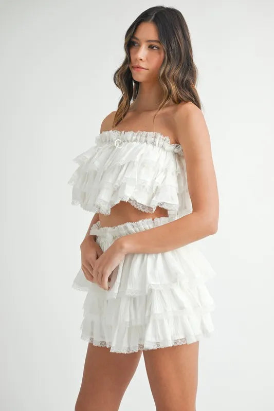 MABLE Ruffle Layered Crop Top and Mini Skirt Set OutfitFlow