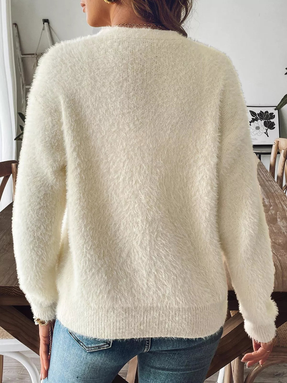 Fuzzy Knit V-Neck Cardigan OutfitFlow