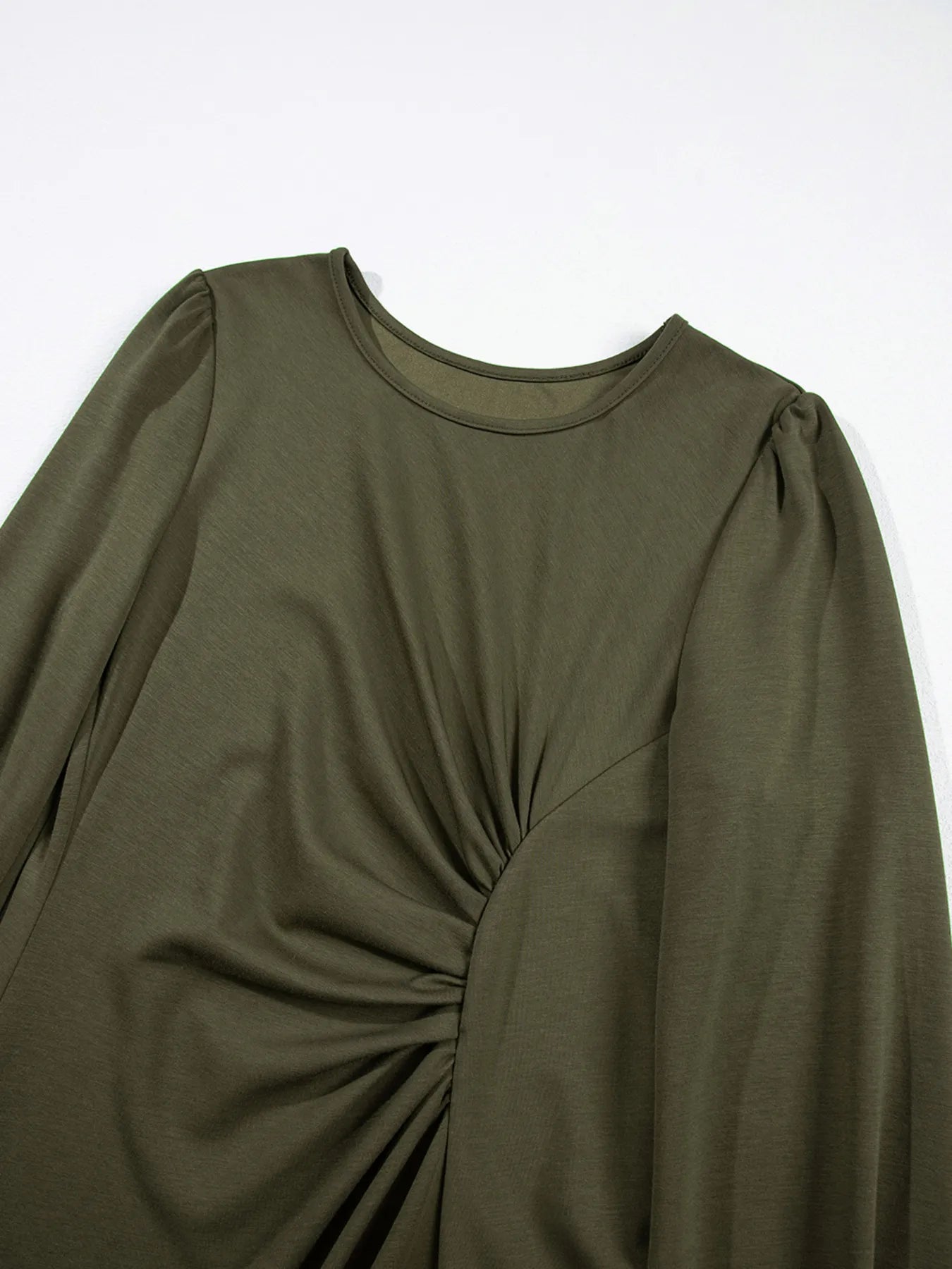Solid Color Ruched Detail Long Sleeve Midi Dress OutfitFlow