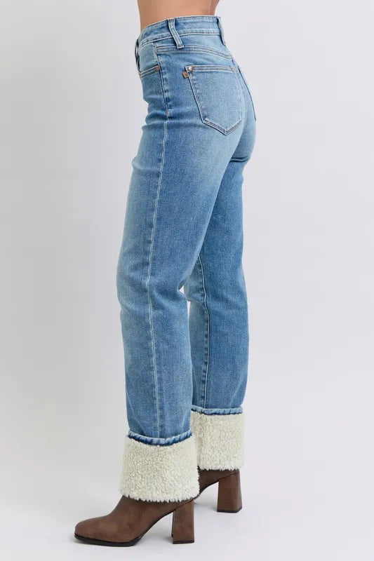 Judy Blue Full Size High Waist Shearling Cuff Straight Plus Size OutfitFlow