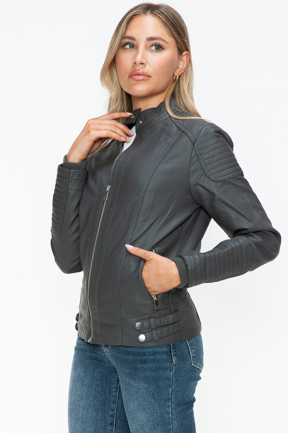 Outfit Flow - Snobbish Faux Leather Biker Jacket with Side Zip Pockets