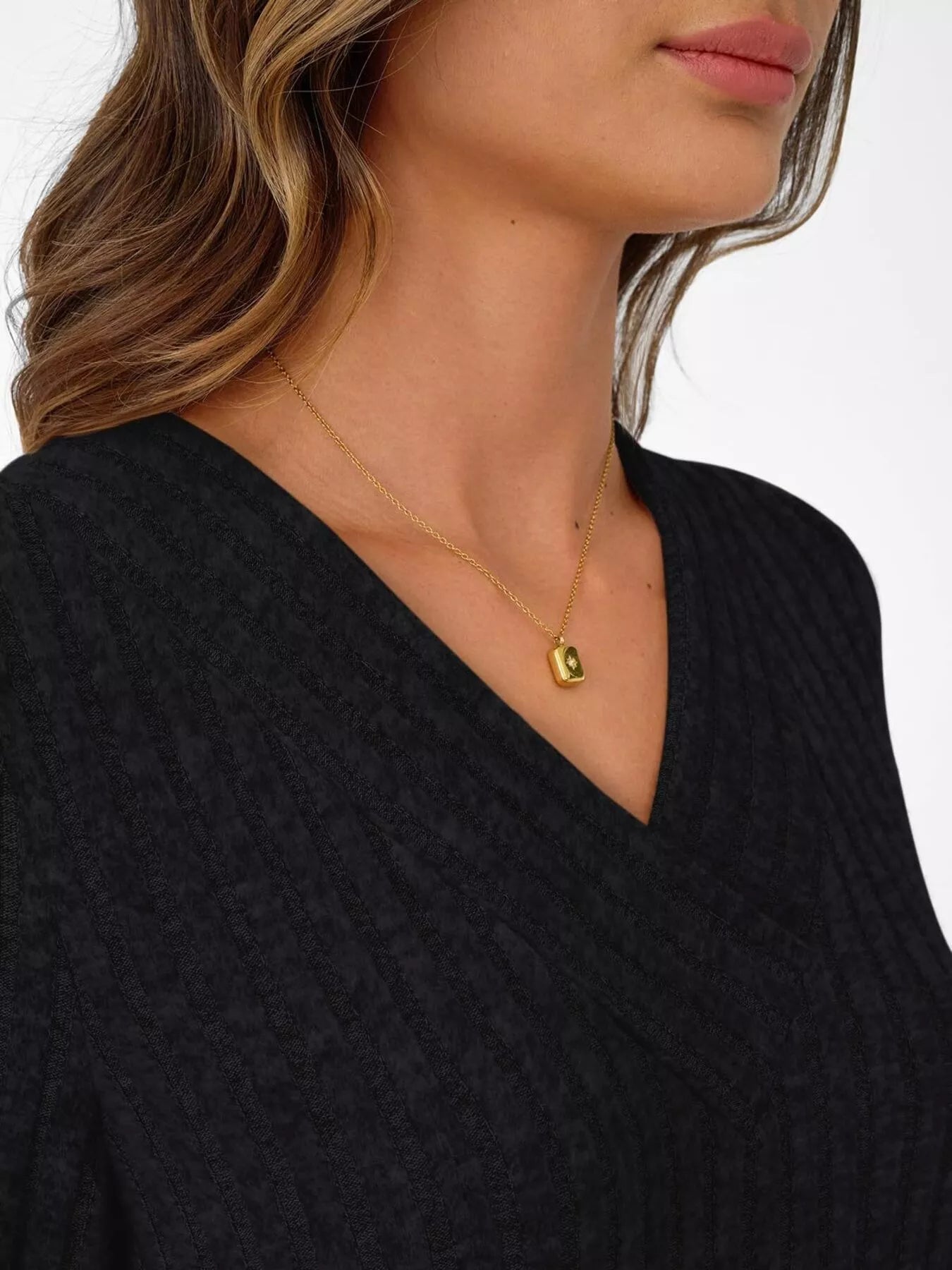 Ribbed Knit V-Neck Long Sleeve T-Shirt OutfitFlow