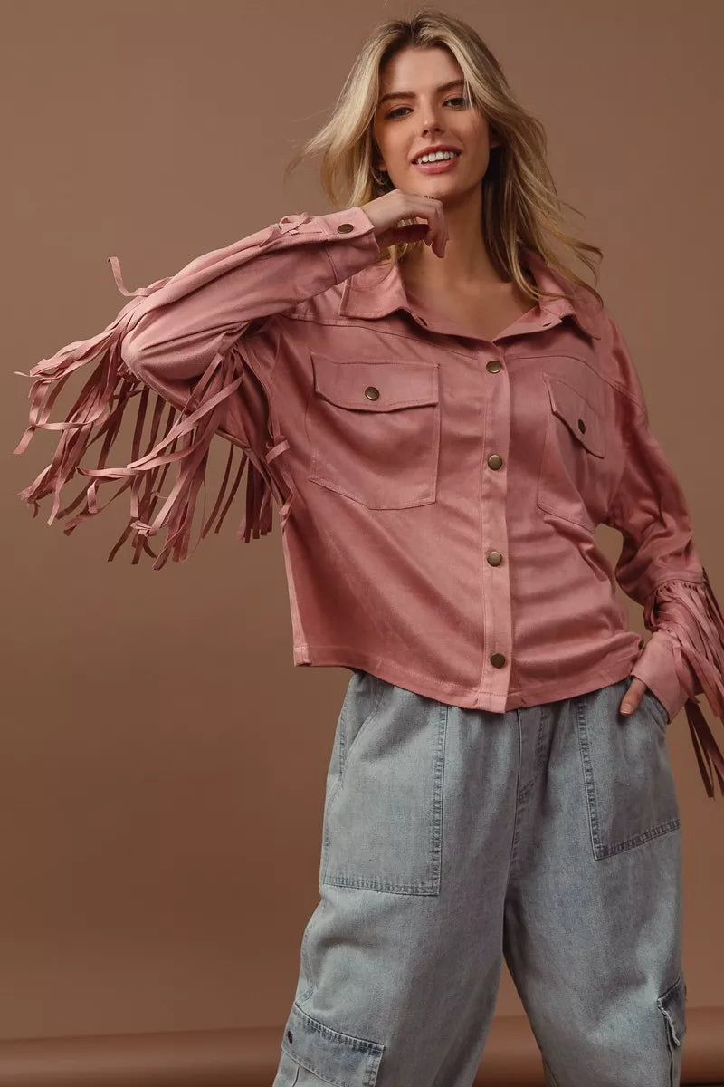 BiBi Suede Fringe Long Sleeve Jacket OutfitFlow