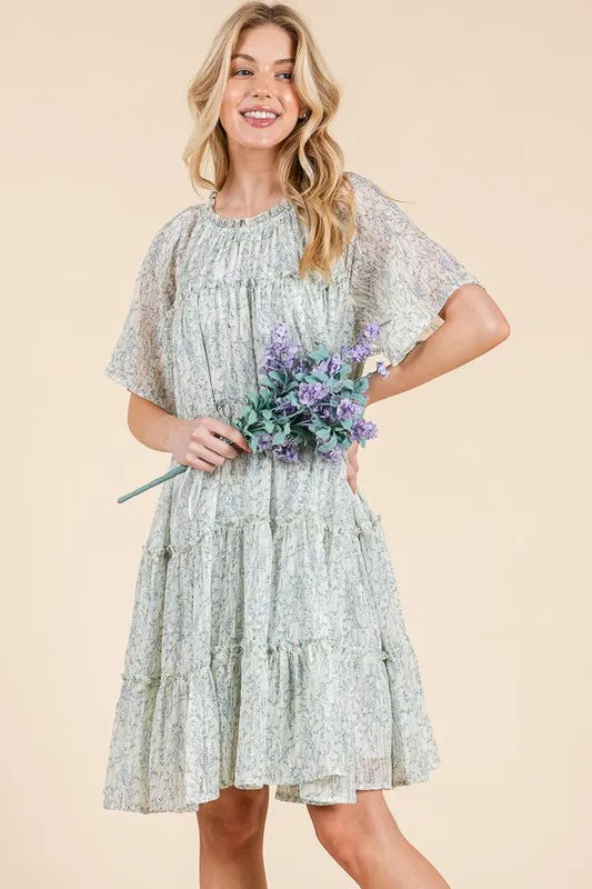Lime 'N' Chili Ditsy Floral Print Sheer Ruffle Detail Mini Dress OutfitFlow