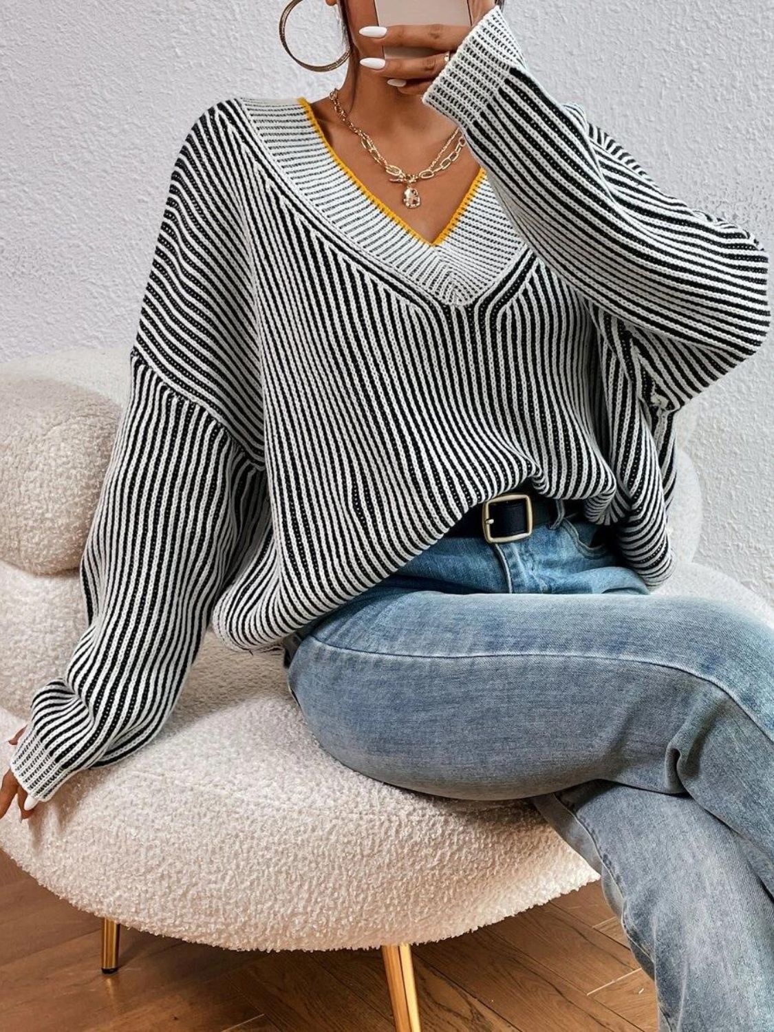 Outfit Flow -  Striped V-Neck Long Sleeve Sweater