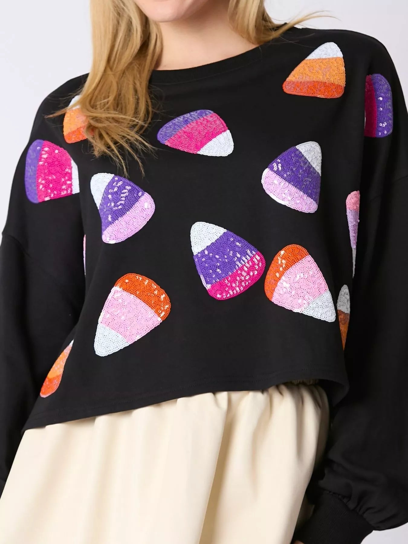 Halloween Candy Sequin Long-Sleeve Sweatshirt OutfitFlow