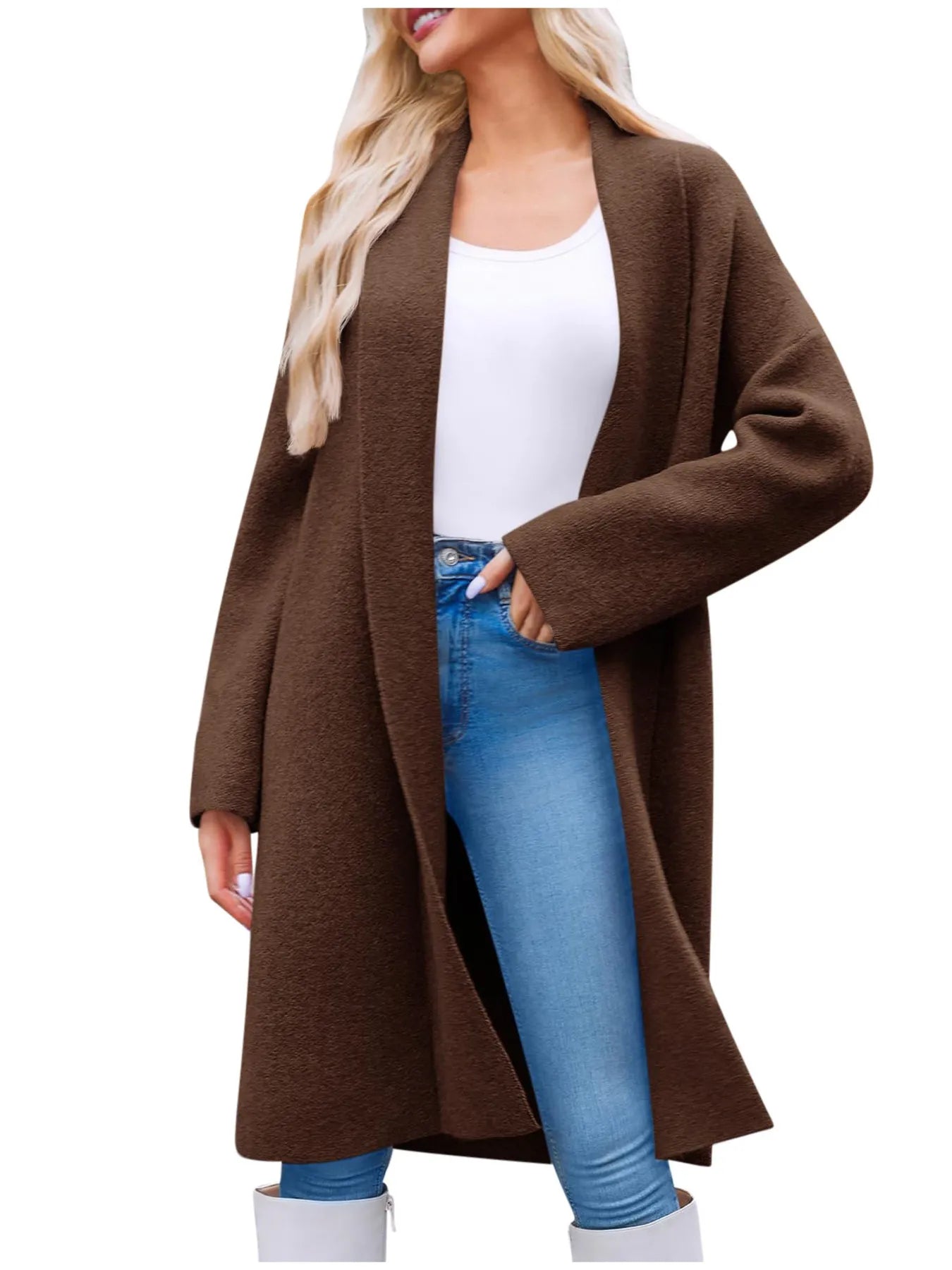 Open Front Longline Coat Brown OutfitFlow