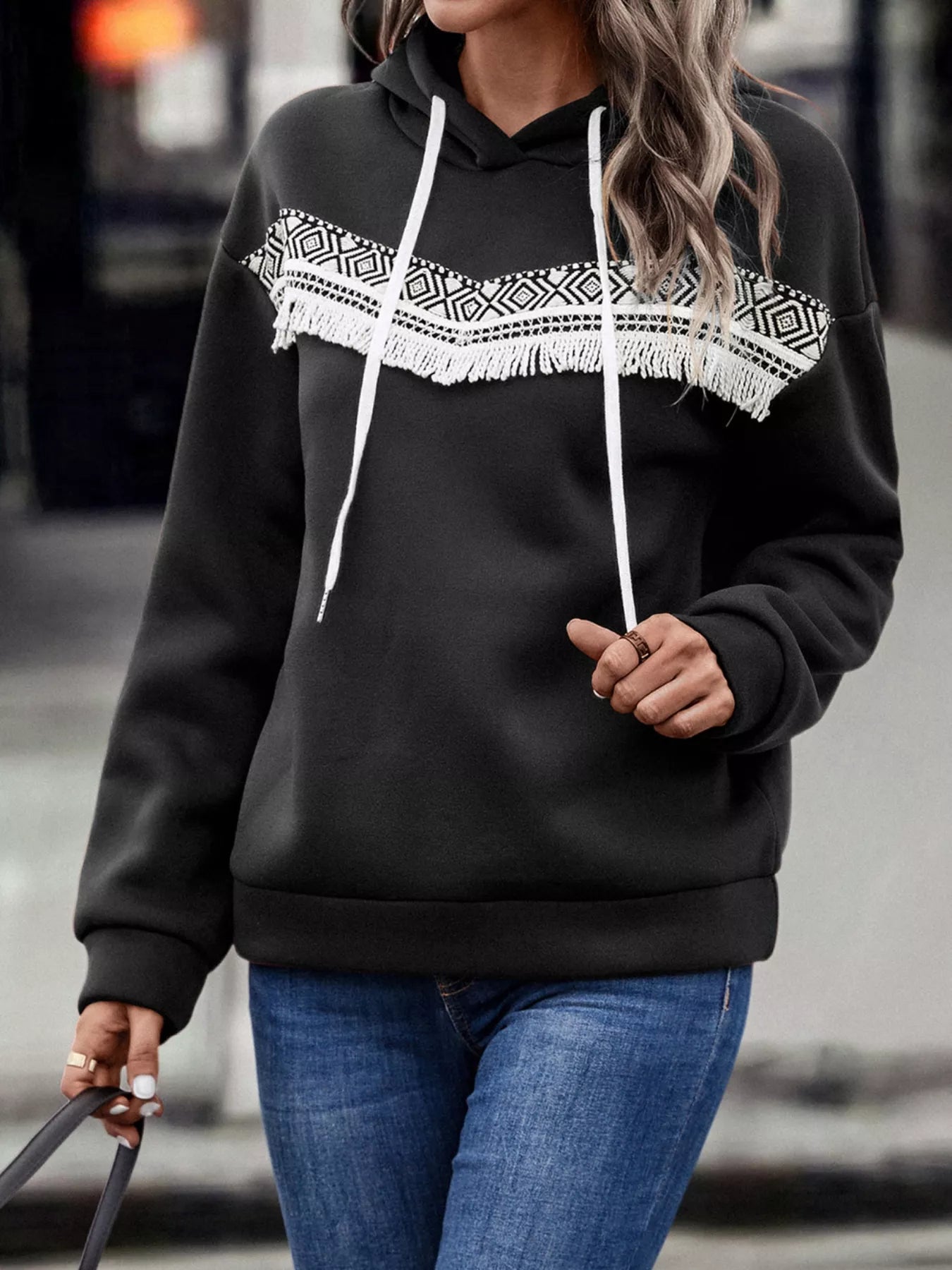 Fringe Detail Long Sleeve Drawstring Hoodie OutfitFlow