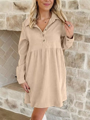 Corduroy Half Button Collared Long Sleeve Mini Dress OutfitFlow