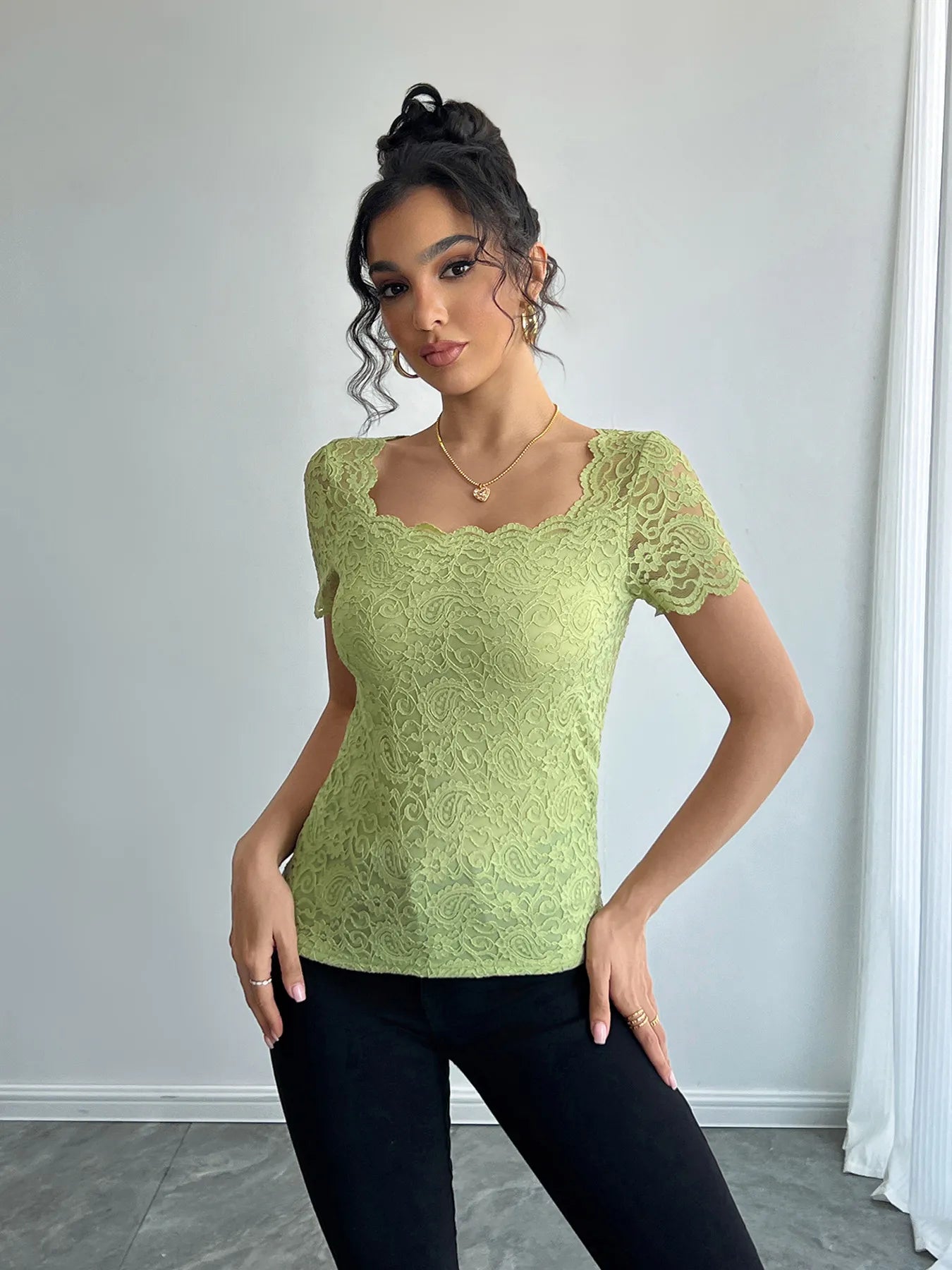 Floral Lace Square Neck T-Shirt OutfitFlow