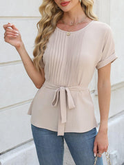 Tied Pleated Round Neck Short Sleeve Top