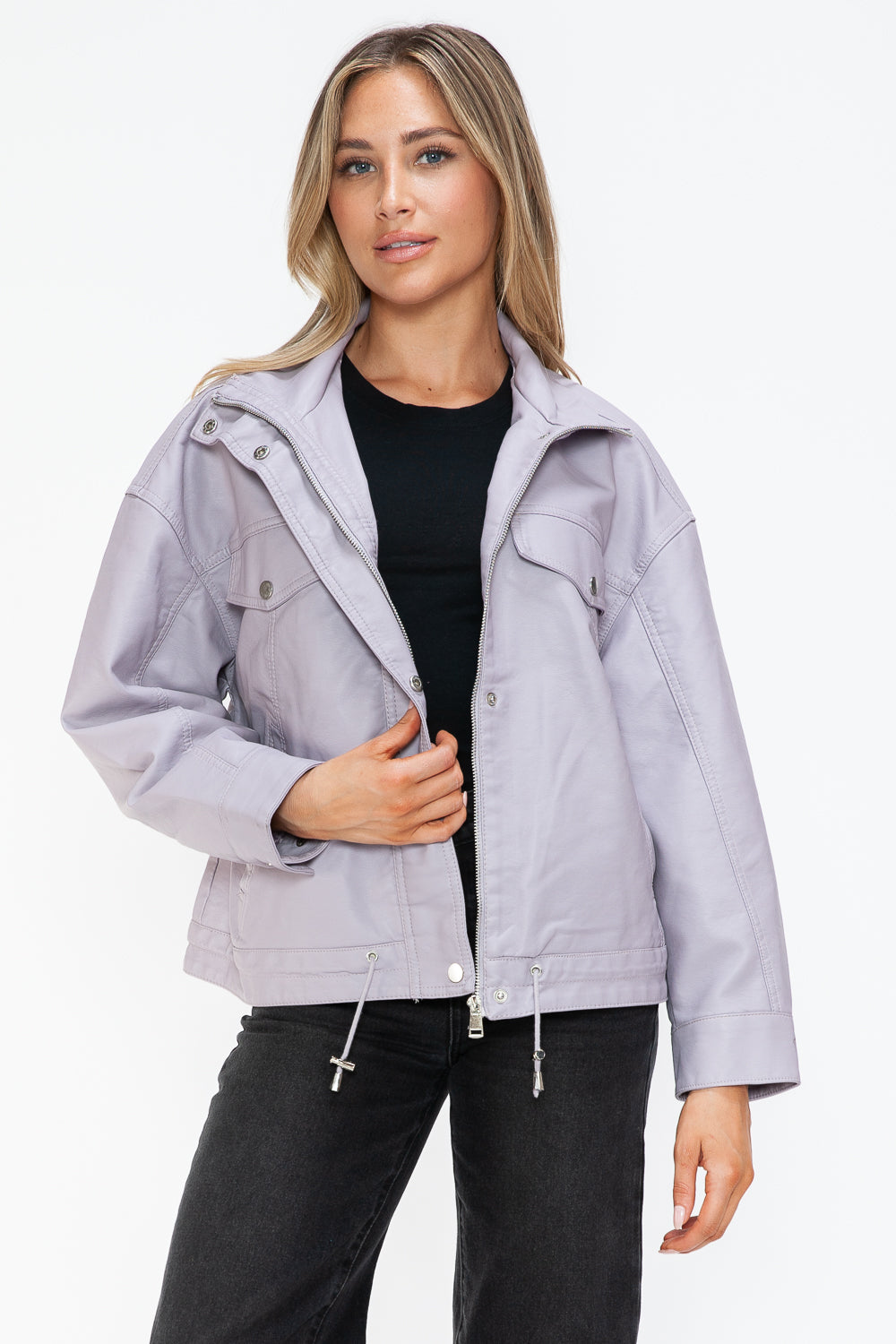 Outfit Flow - How Dare U Drawstring Hem PU Leather Zip Up Jacket