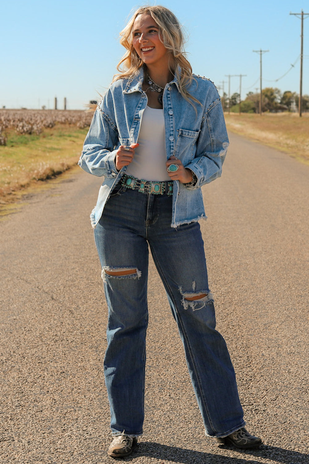 Outfit Flow - Studded Acid Wash Long Sleeve Denim Jacket