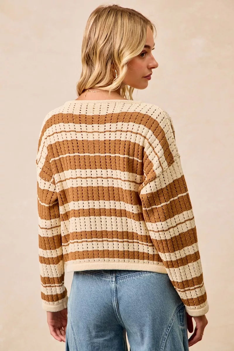 BiBi Striped Open Knit Sweater Top with Front Braided Detail OutfitFlow