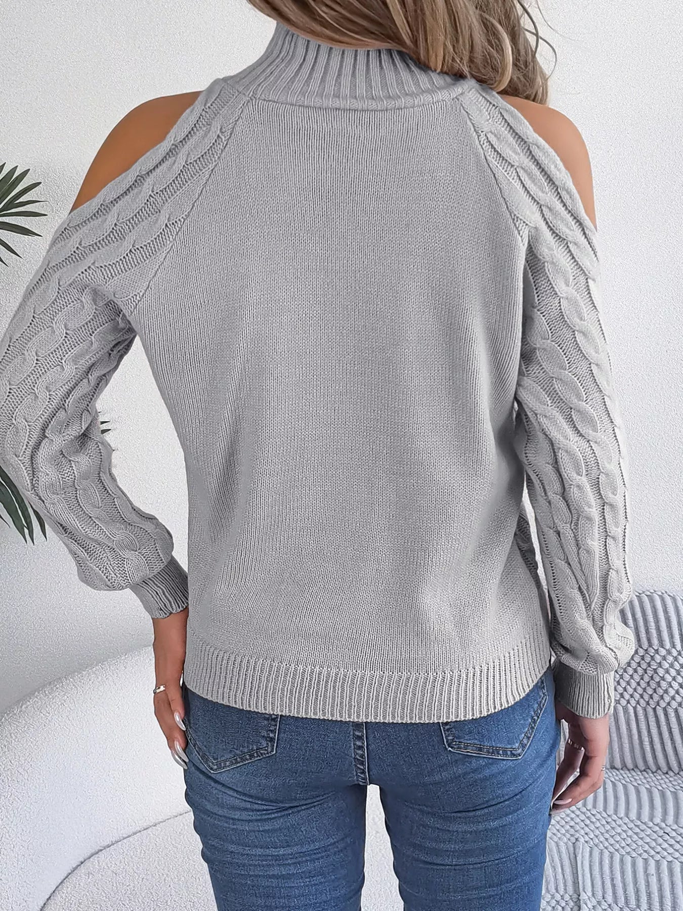 Cable Knit Cold Shoulder Turtleneck Sweater OutfitFlow