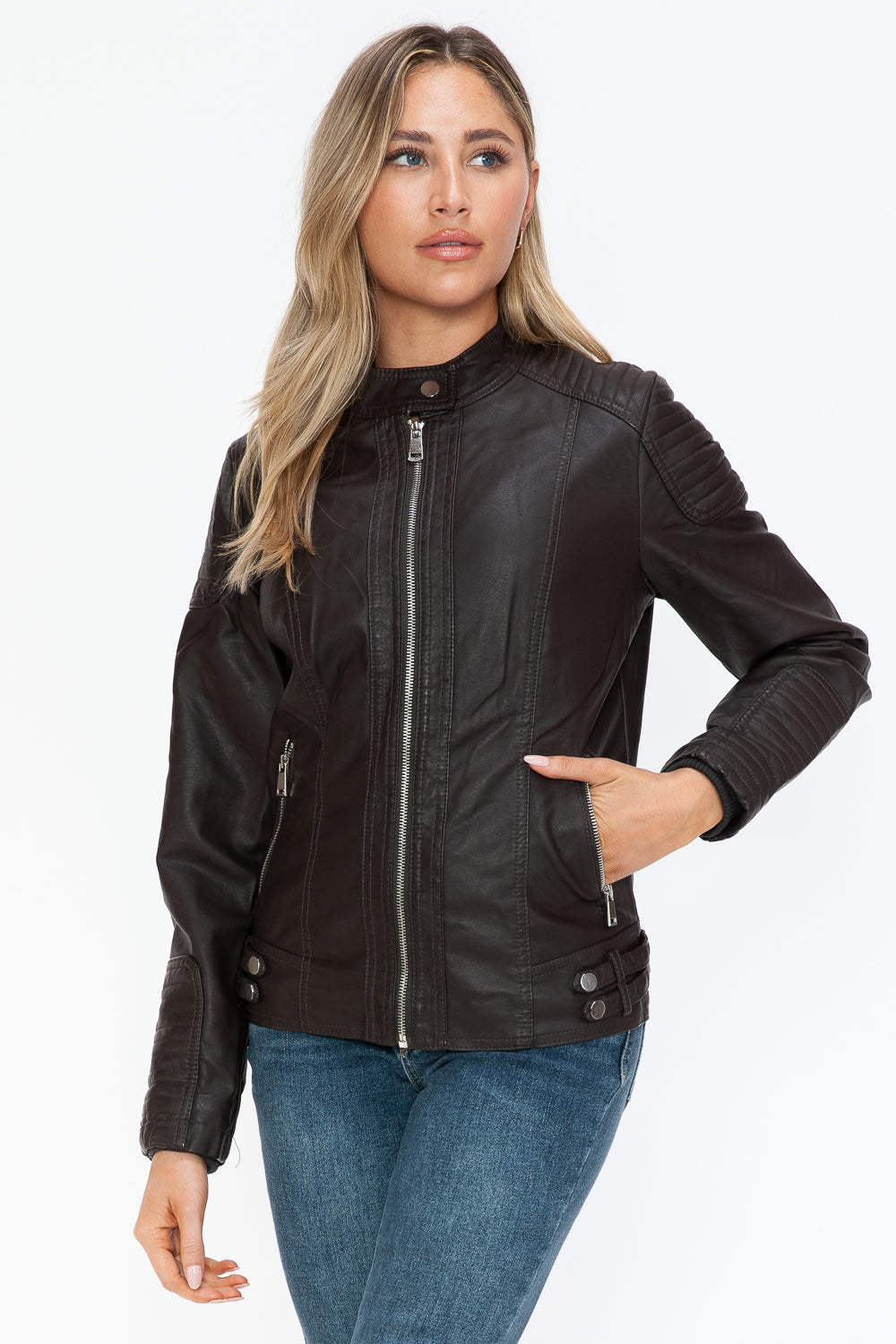 Outfit Flow - Snobbish Faux Leather Biker Jacket with Side Zip Pockets