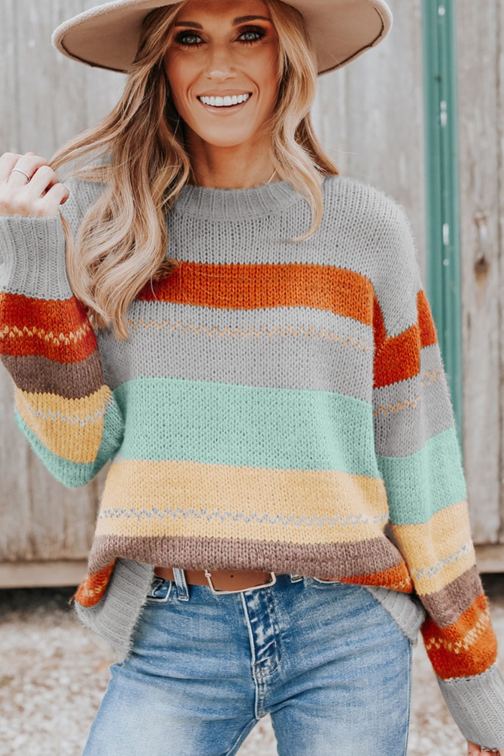 Outfit Flow - Color Block Round Neck Dropped Shoulder Sweater