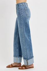 RISEN High Rise Ankle Wide Button Patch Pocket Cuffed Jeans OutfitFlow