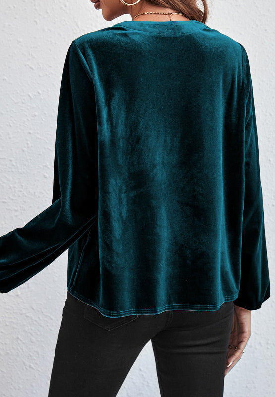 Outfit Flow - Notched Long Sleeve Velvet Top