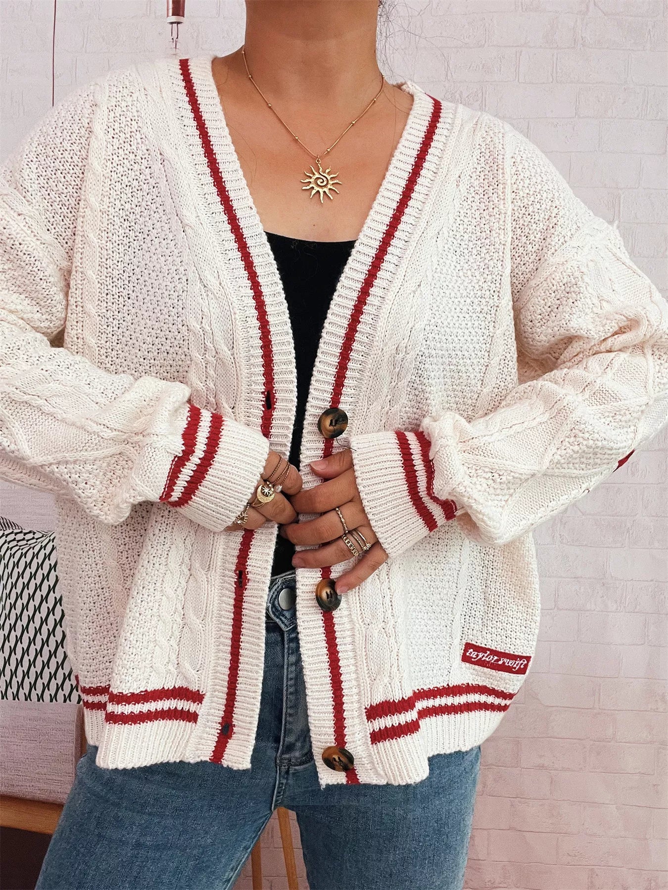 Star Pattern Button-Up Cardigan with Contrast Trim OutfitFlow