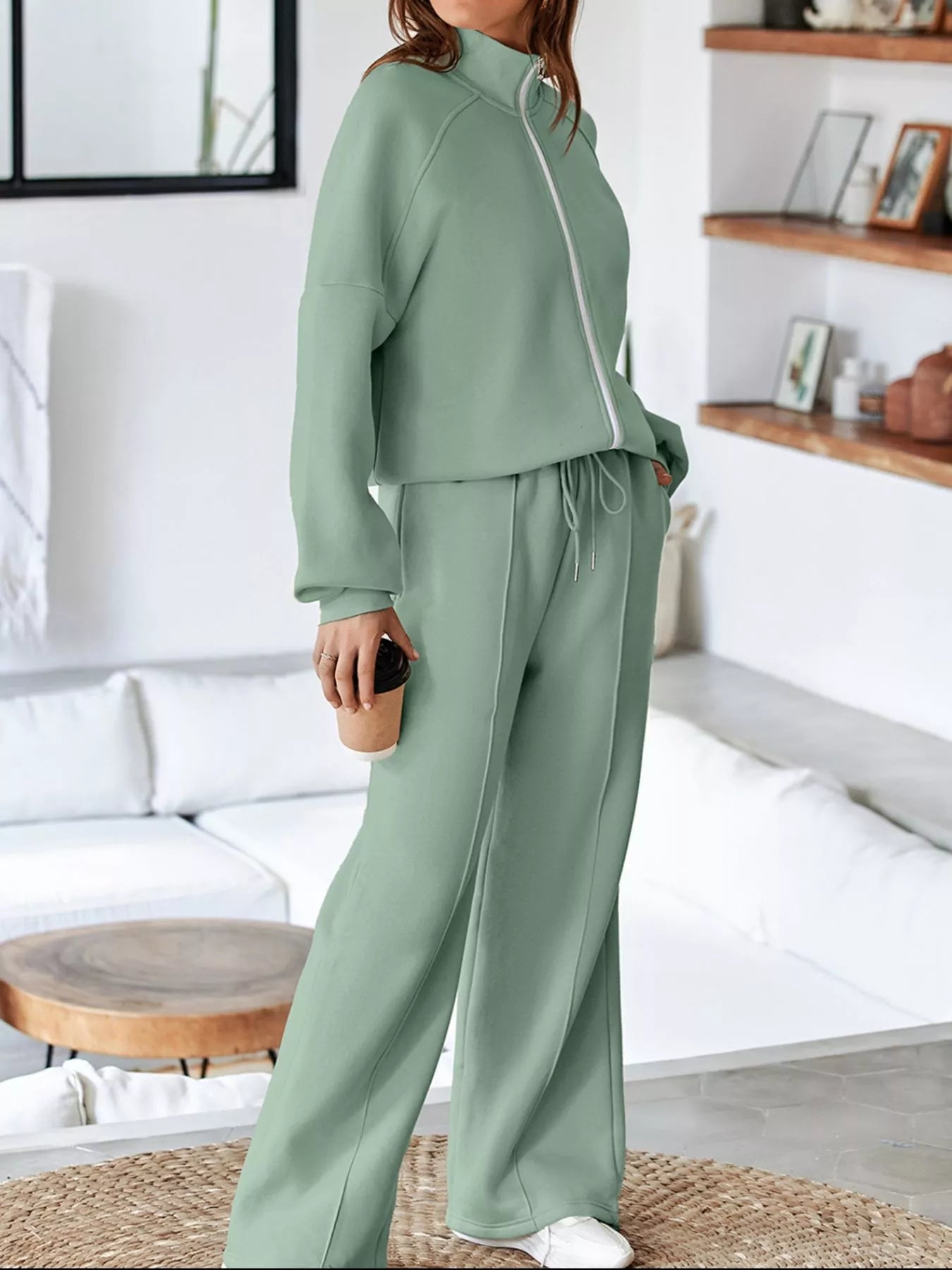 Drop Shoulder Zip Up Jacket and Drawstring Pants Active 2pcs Set OutfitFlow
