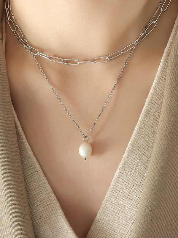 Outfit Flow - Freshwater Pearl Titanium Steel Double-Layered Necklace