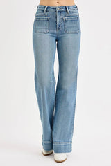 RISEN Full Size High Rise Wide Flare Patch Pocket Jeans Plus Size OutfitFlow