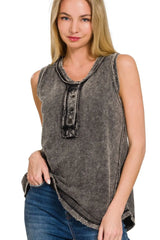Zenana Washed Half-Button Raw Edge Sleeveless Henley Top ASH BLACK OutfitFlow