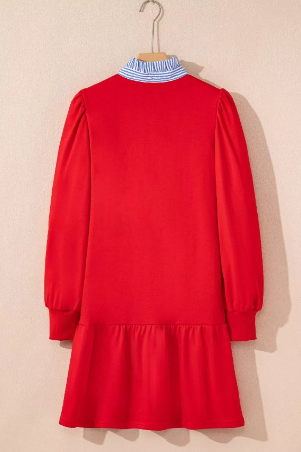 Contrast Striped Collar Patchwork Puff Sleeve Ruffle Hem Mini Dress OutfitFlow