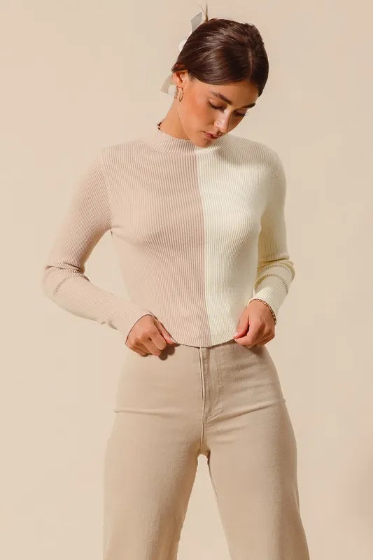 SO ME Color Block Fitted Crop Sweater Top OutfitFlow