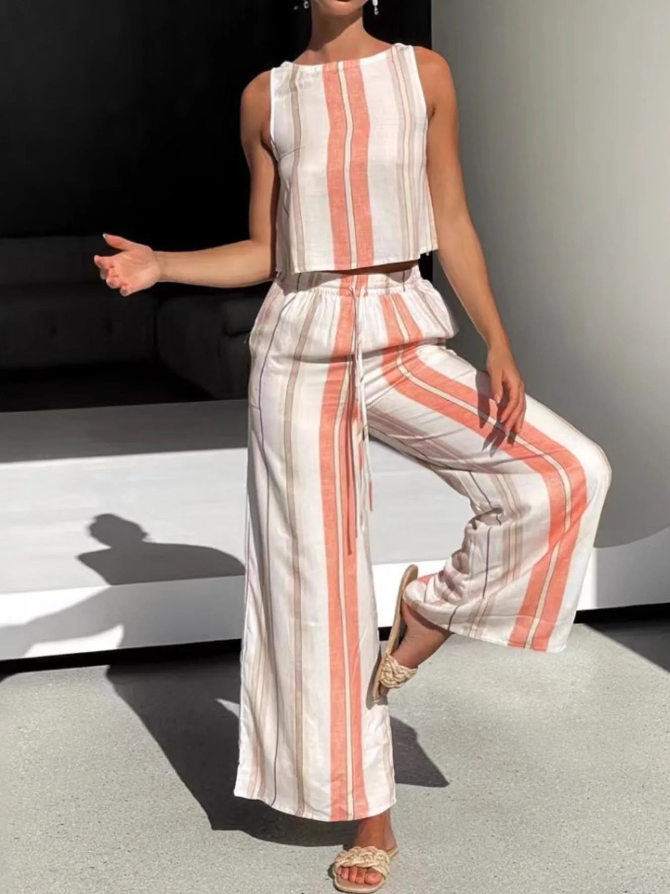 Printed Tank and Wide Leg Pants Set Orange Red OutfitFlow