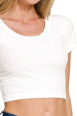 Zenana Ribbed Scoop Neck Crop Short Sleeve Top OutfitFlow