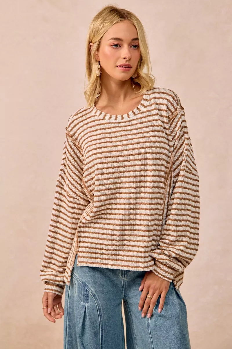 BiBi Open Seam Detail Textured Stripe Knit Top OutfitFlow