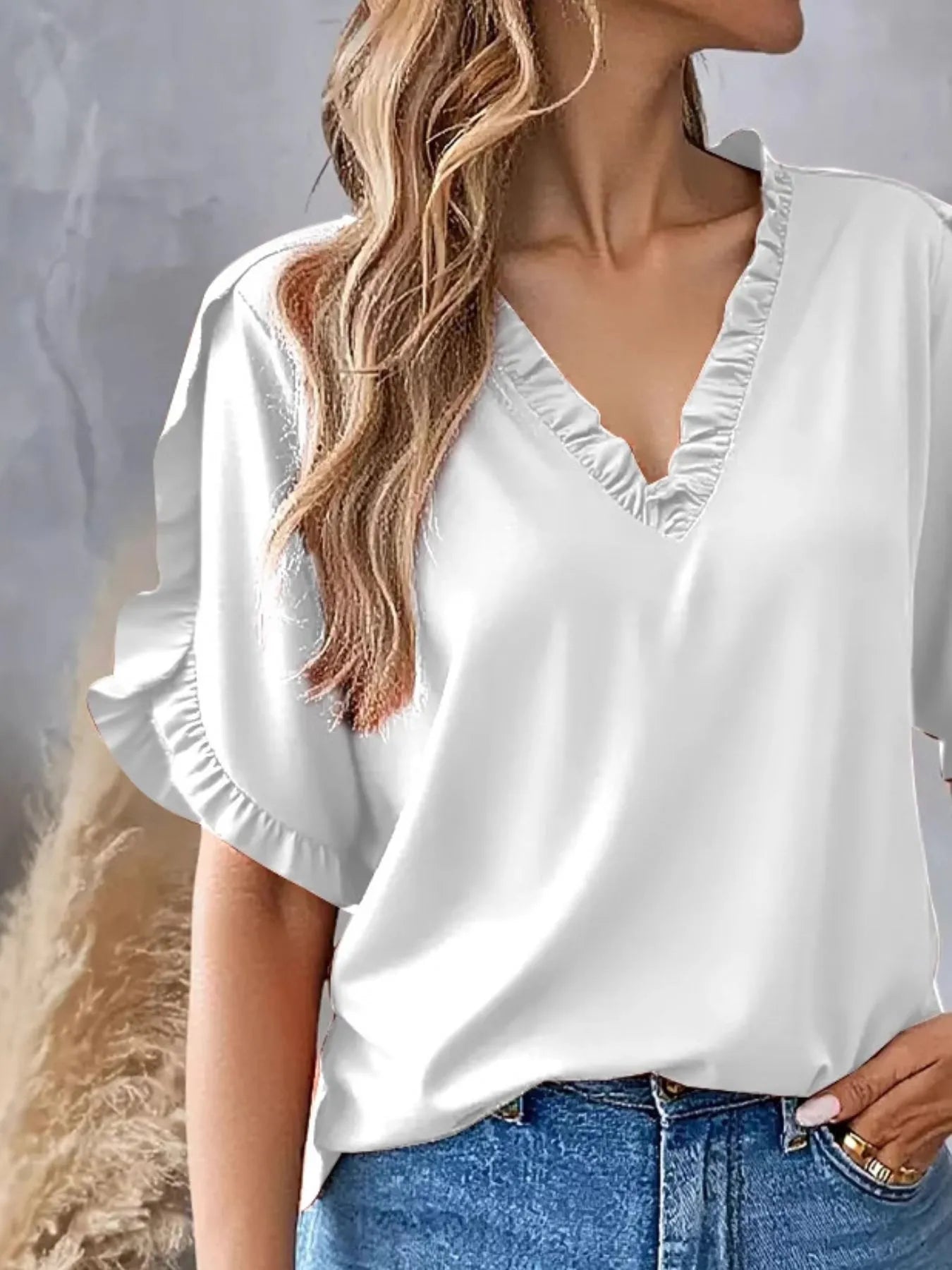 Ruffled V-Neck Short Sleeve Blouse OutfitFlow
