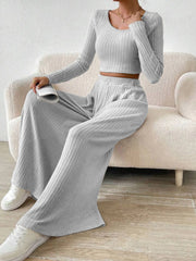 Ribbed Knit Crop Top and Wide Leg Pants Set Light Gray OutfitFlow