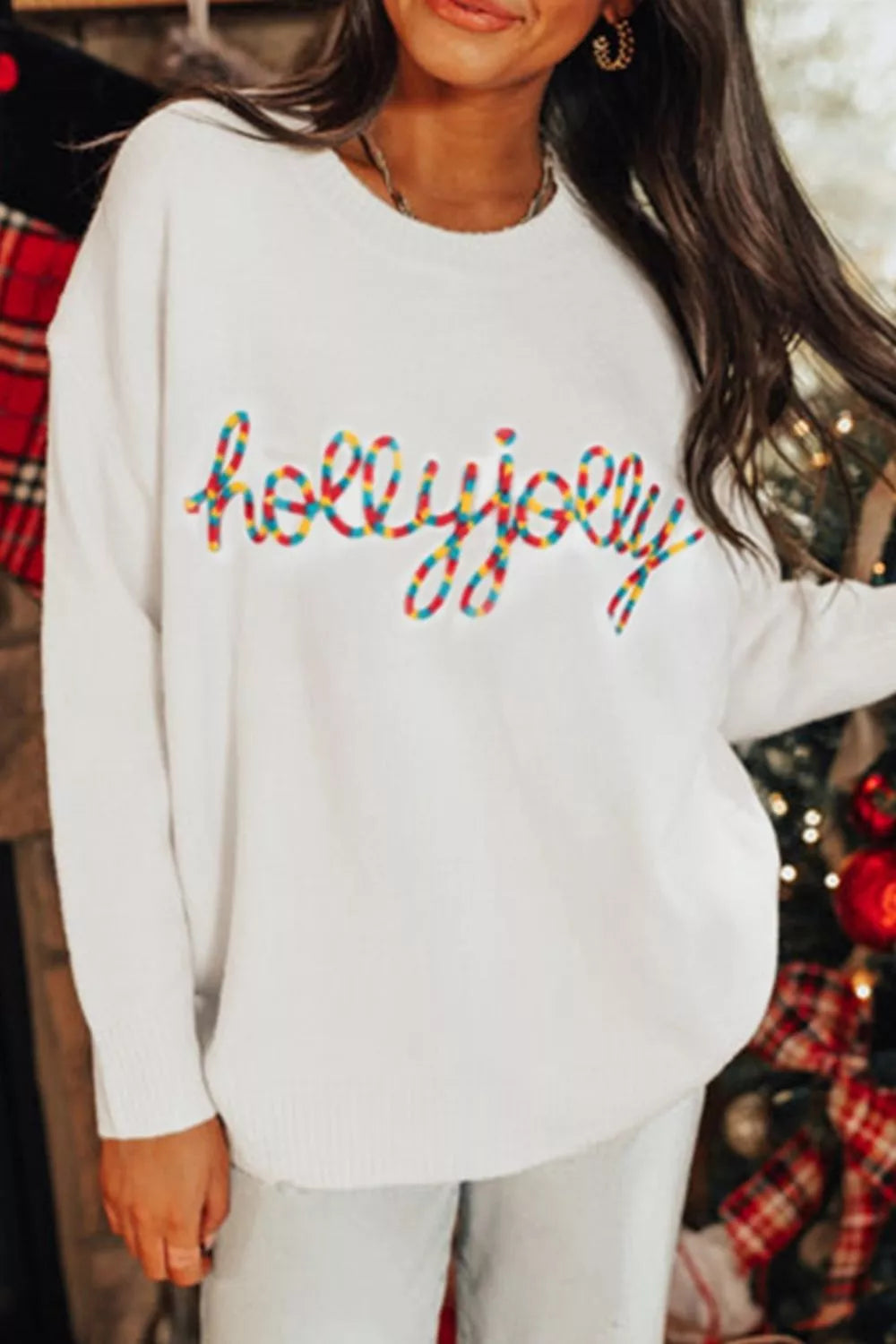 Colorful Holly Jolly Christmas Knit Loose Sweater OutfitFlow