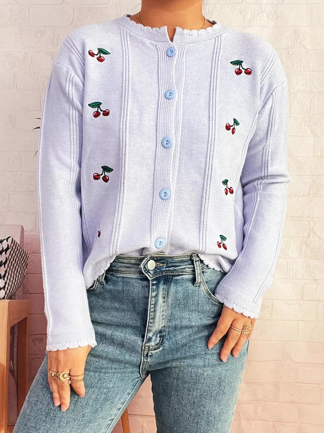 Cherry Embroidered Button Up Cardigan OutfitFlow
