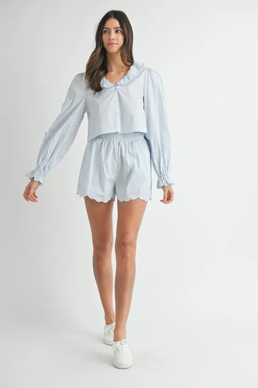 MABLE Long Sleeve Scallop Blouse and Shorts Set OutfitFlow