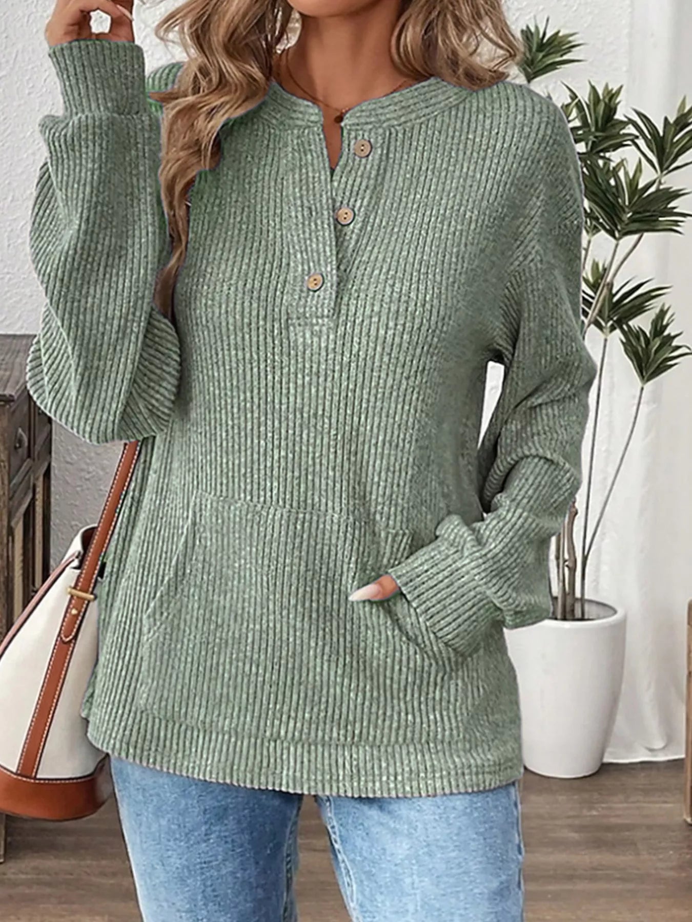 Ribbed Button Detail Long Sleeve T-Shirt Light Green OutfitFlow